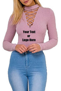 Custom Personalized Designed Women Choker V Neck Long Sleeve Bodysuit