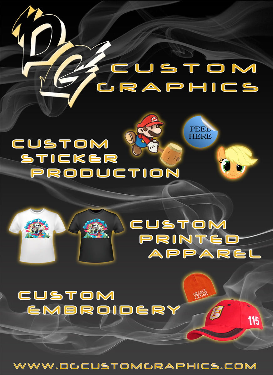 DG Custom Graphics custom sticker production, printed apparel and custom embroidery.