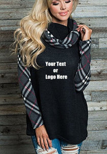 Custom Personalized Design Your Own Turtleneck Cowl Neck Plaid Patchwork Pullover Long Sleeve Sweatshirt Cotton Tonic Tops