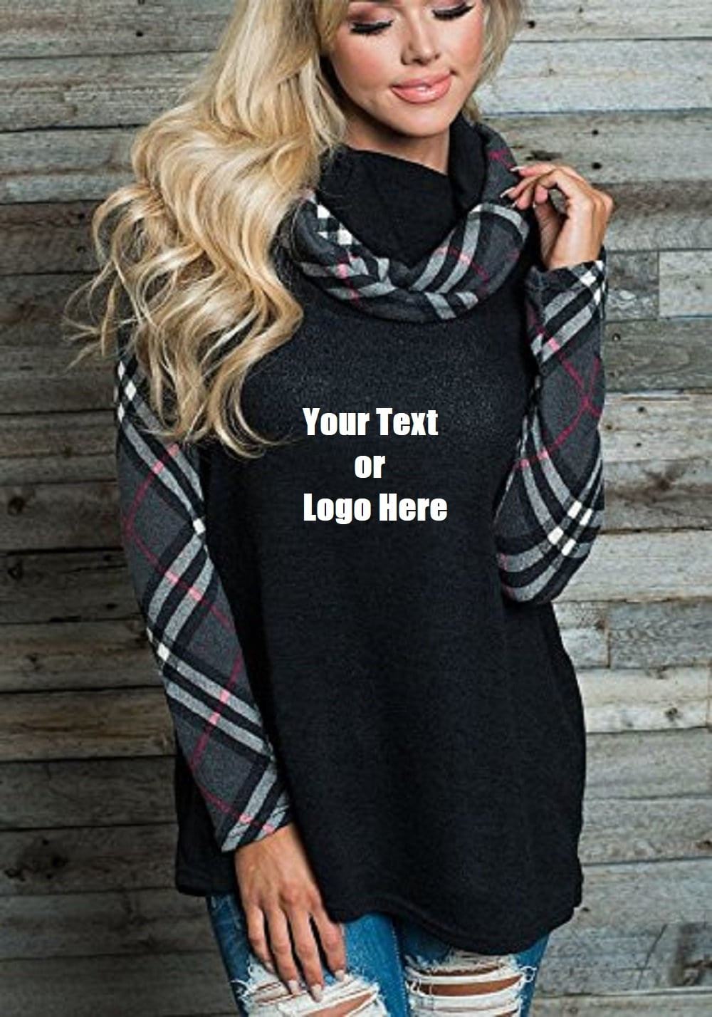 Custom Personalized Design Your Own Turtleneck Cowl Neck Plaid Patchwork Pullover Long Sleeve Sweatshirt Cotton Tonic Tops
