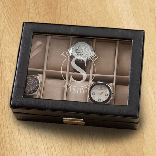 Monogrammed Watch Box - Black Leather - Holds 10 Watches | JDS