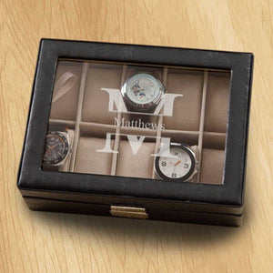 Monogrammed Watch Box - Black Leather - Holds 10 Watches | JDS