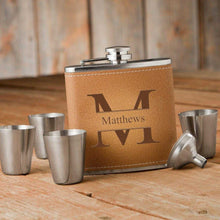 Load image into Gallery viewer, Personalized Durango Monogrammed Hide Stitch Flask &amp; Shot Glass Gift Box Set | JDS