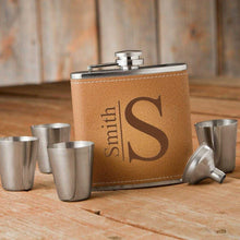 Load image into Gallery viewer, Personalized Durango Monogrammed Hide Stitch Flask &amp; Shot Glass Gift Box Set
