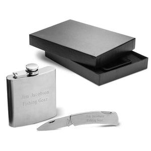 Personalized 6oz Stainless Steel Flask w/ Lock Back Knife Gift Set