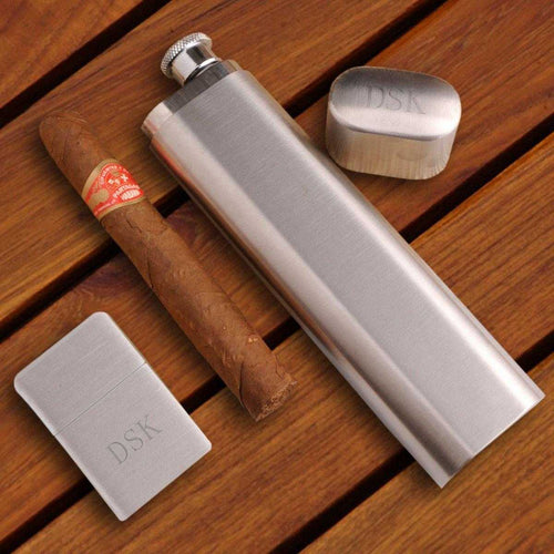 Personalized Flask and Cigar Case - Lighter - Brushed Silver - Gift Set | JDS