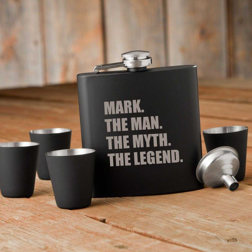 The Man. The Myth. The Legend. Matte Black Flask and Shot Glass Set | JDS