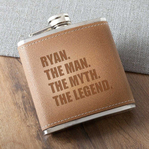 The Man. The Myth. The Legend. Tan Hide Stitched Flask | JDS