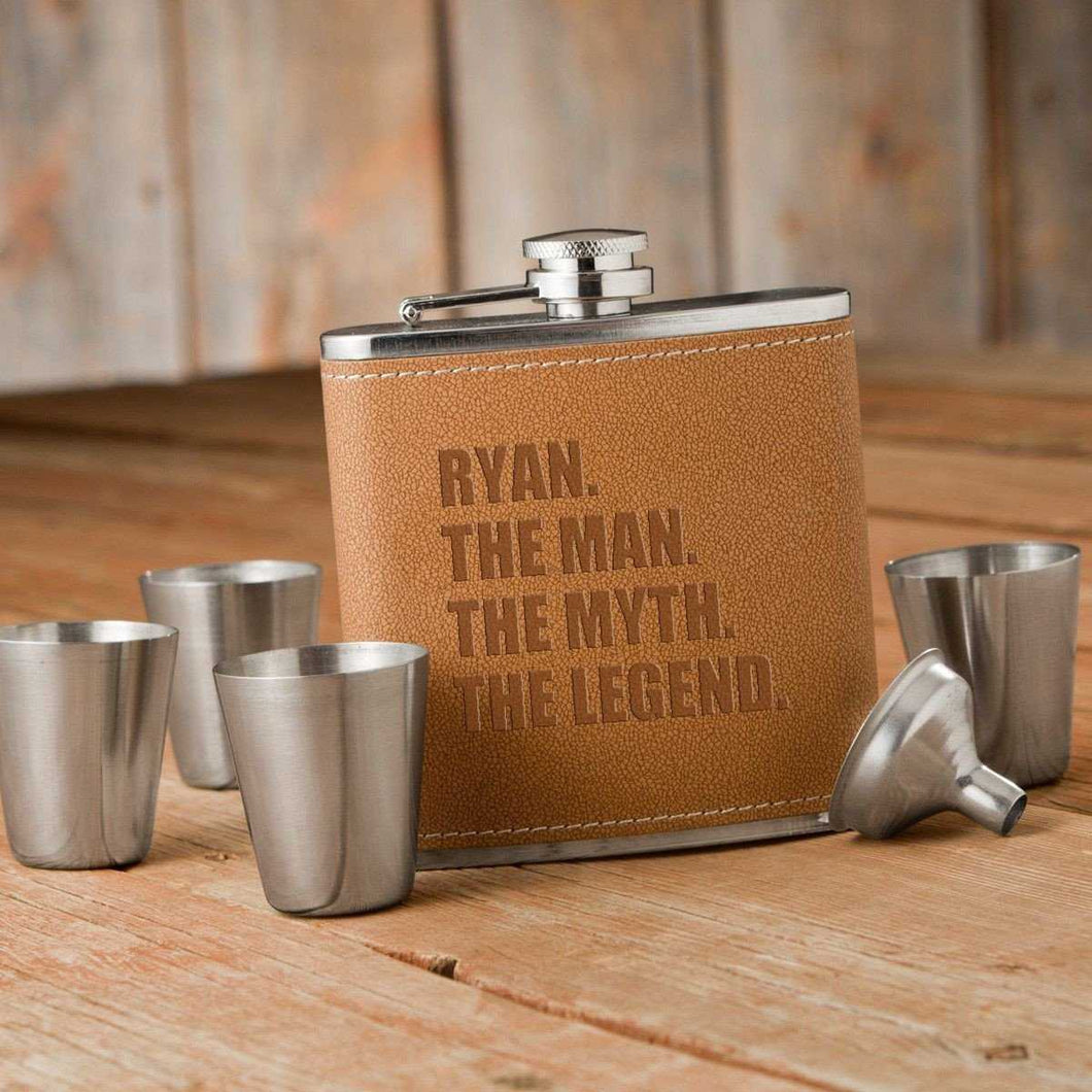 The Man. The Myth. The Legend. Tan Hide Stitched Flask and Shot Glass Set | JDS