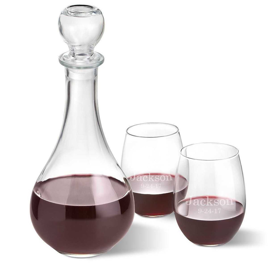 Personalized Wine Decanter with stopper and 2 Stemless Wine Glass Set