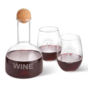 Personalized Wine Decanter in Wood Crate with set of 2 Stemless Wine Glasses | JDS