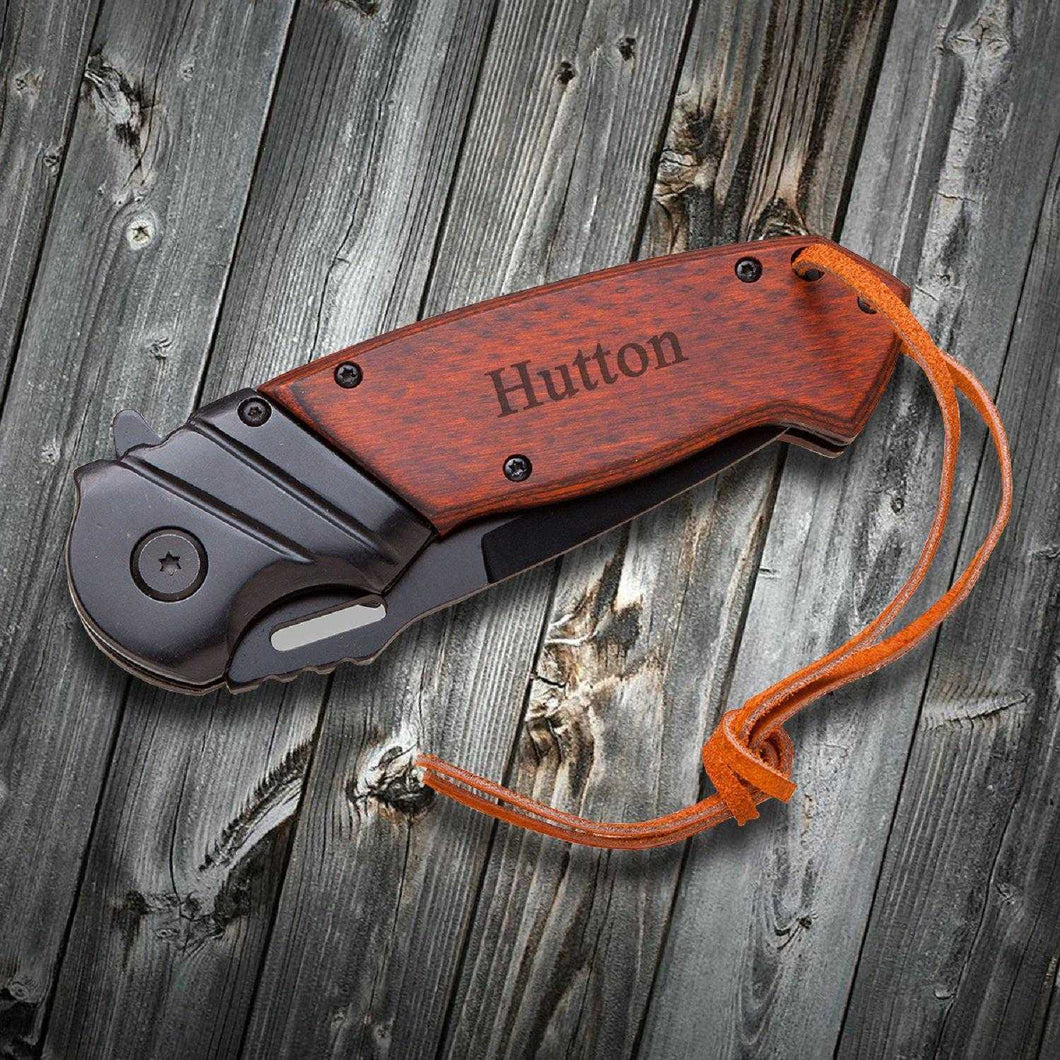 Saw Mountain Personalized Wood Handle Spring Assisted Pocket Knife With Leather Wrist Lanyard | JDS