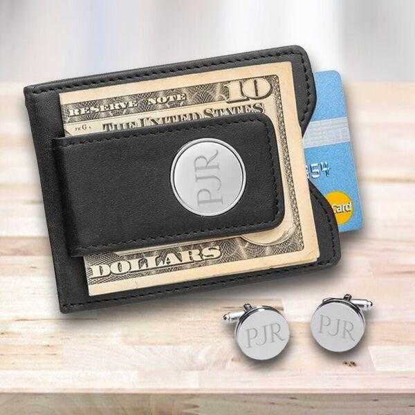 Personalized Black Leather Money Clip & Pin Stripe Cuffllinks Gift Set