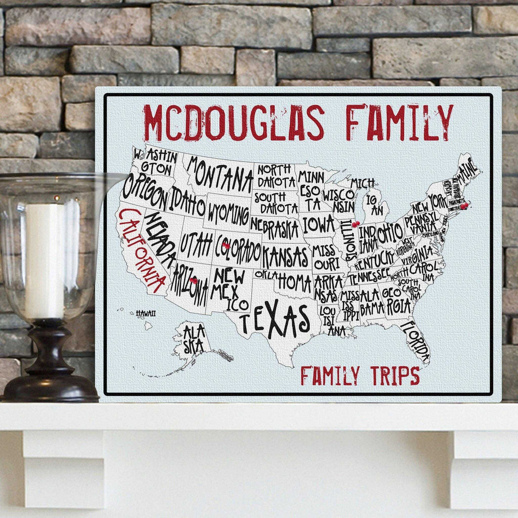 Personalized Family Travel Map Canvas Sign - Sea to Shining Sea | JDS