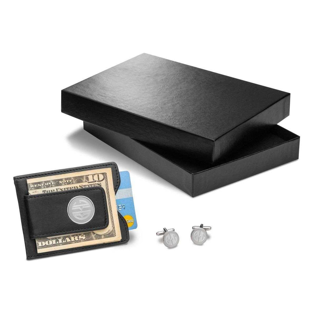 Personalized Black Leather Wallet & Monogrammed Cufflinks Gift Set | JDS