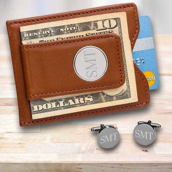 Personalized Brown Leather Wallet/Money Clip & Gunmetal Cufflinks Gift Set | JDS
