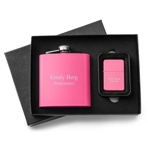 Personalized Pink 6 oz Matte Flask & Lighter Gift Set | JDS