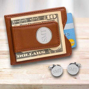 Personalized Brown Leather Money Clip/Wallet allet & Pin Stripe Cuff Links Gift Set | JDS
