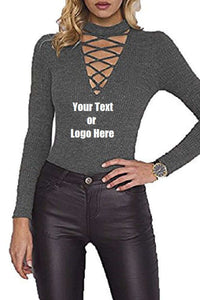 Custom Personalized Designed Women Choker V Neck Long Sleeve Bodysuit