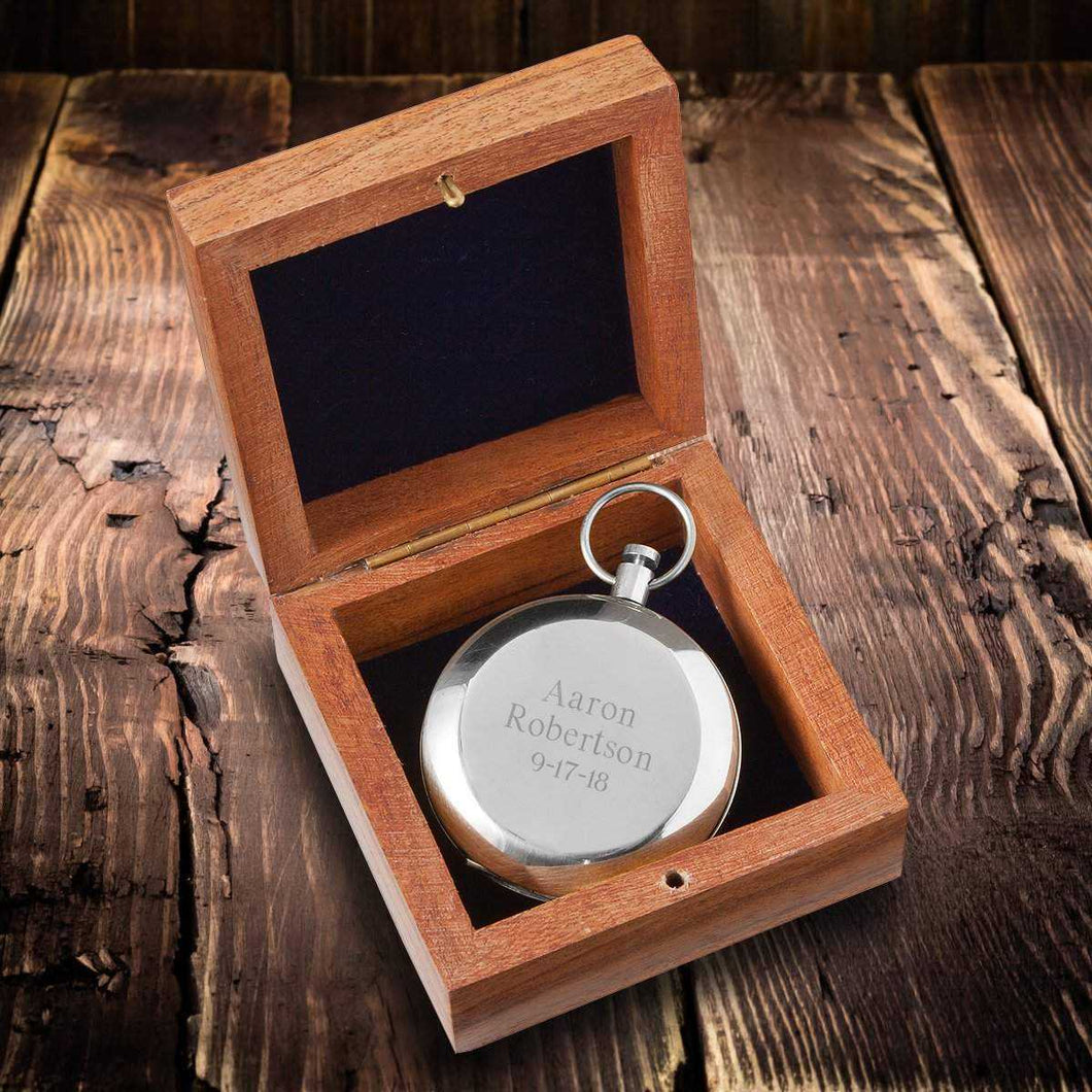 Personalized High Polish Silver Keepsake Compass with Wooden Box | JDS